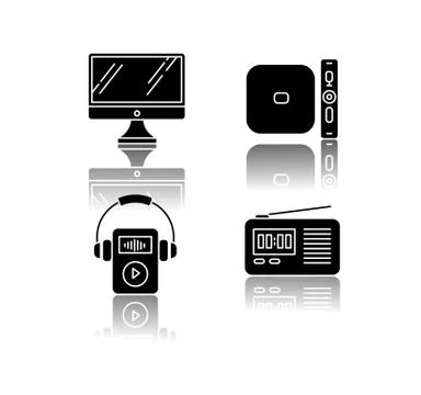 Mobile devices drop shadow black glyph icons set. Pocket electronic gadgets Stockillustratie