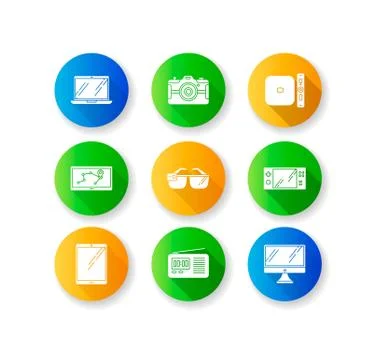 Mobile devices flat design long shadow glyph icons set. Pocket electronic Stockillustratie