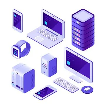 Mobile devices isometric set. computer, server and laptop, smartphone. Clou.. Stock Illustration