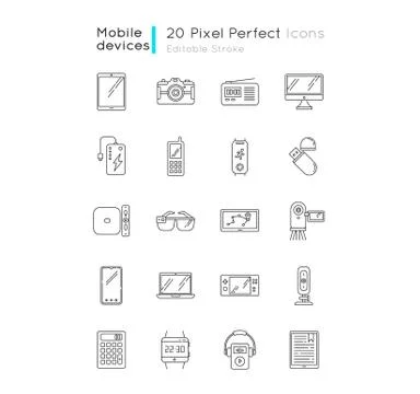 Mobile devices pixel perfect linear icons set. Laptop, computer. E-readers Stock Illustration