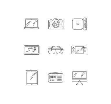 Mobile devices pixel perfect linear icons set. Tablet, laptop, computer Stock Illustration