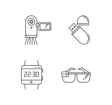 Mobile devices pixel perfect linear icons set. Flash drive, video camera Illustrazione stock