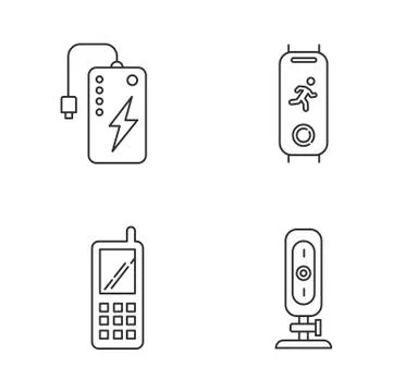 Mobile devices pixel perfect linear icons set. Powerbank. Fitness tracker. Cell Stock Illustration