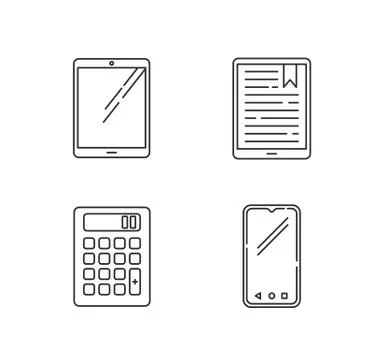 Mobile devices pixel perfect linear icons set. Tablet, e-reader, e-book Stockillustratie