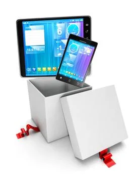 Mobile devices present. the group of mobile devices and the open gift box Stock Illustration