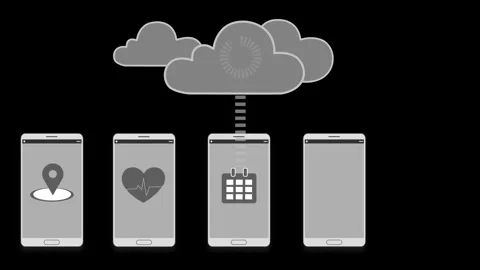 Mobile devices under cloud syncing, Five smartphones in a row under a loadi.. Stock Footage 334763084