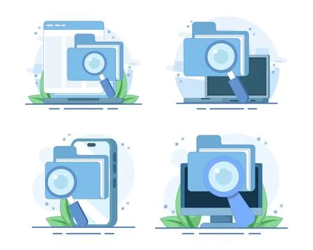 Mobile document review set featuring smartphone file scanning, digital archives Stock Illustration