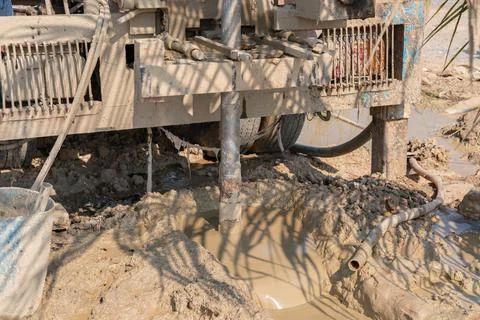 Mobile drilling machine drill ground for create an artesian well. Stock Photos