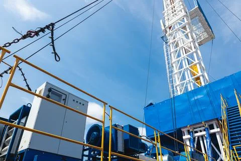 Mobile drilling rig close-up. Drilling and servicing oil and gas wells Stock Photos
