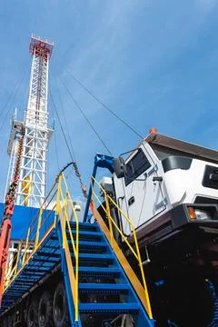 Mobile drilling rig close-up. Drilling and servicing oil and gas wells Stock Photos