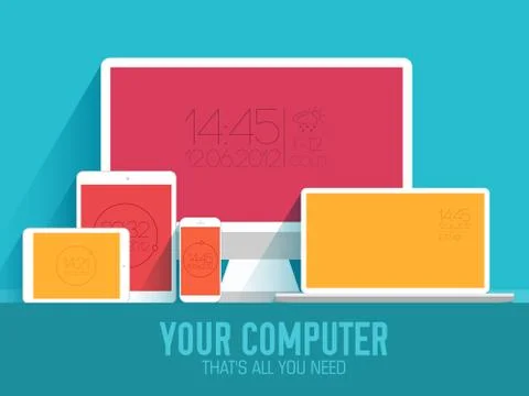 Mobile electronic devices on flat style concept background. Vect Stock Illustration