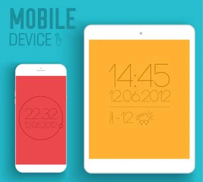 Mobile electronic devices on flat style concept background. Vect Stock Illustration