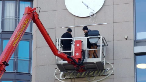 Mobile elevating work platform (aerial device,  cherry picker, bucket truck) Stock Footage 232087383