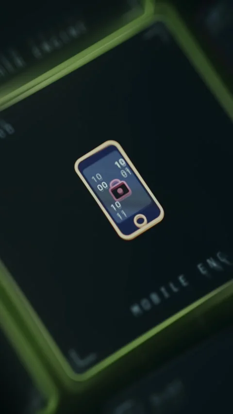 Mobile encryption concept shown as a locked smartphone with binary data overlay Stock Footage 335467331