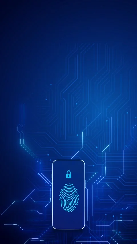 Mobile fingerprint security background with blue circuit board lines, lock icon, Stock Footage 340555518