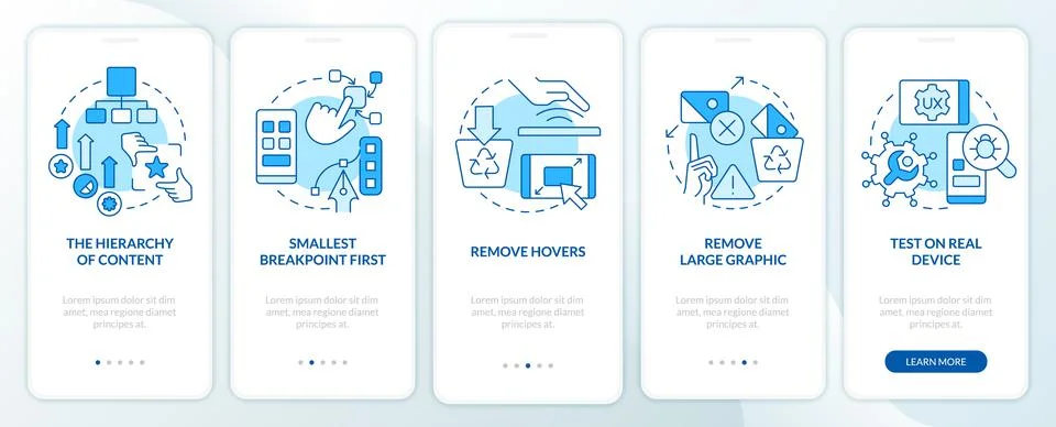 Mobile first design process blue onboarding mobile app screen Stock Illustration