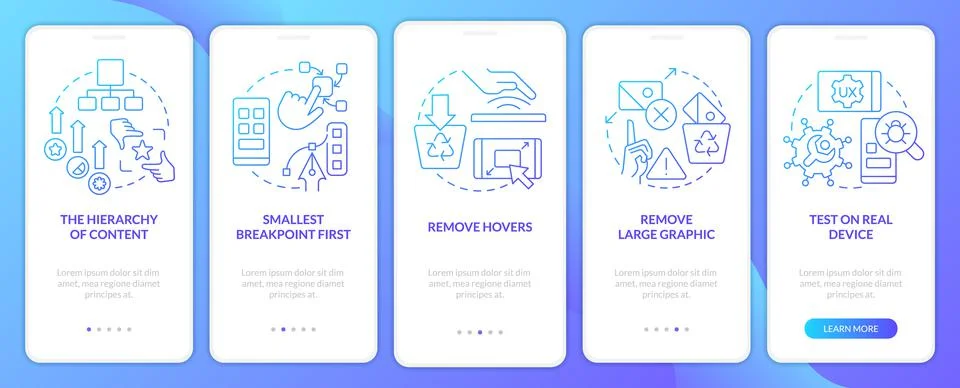 Mobile first design process blue gradient onboarding mobile app screen Stock Illustration