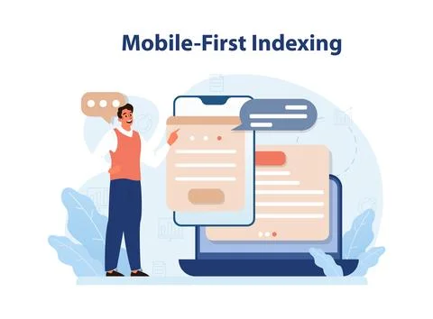 Mobile-first indexing. Website smartphone version development. Search Stock Illustration