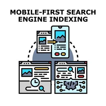 Mobile first search engine indexing process optimizing web pages Stock Illustration