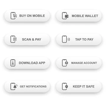 Mobile flat button set with smartphone shopping, wallet, scan payment, cont.. Stock Illustration