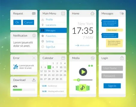 Mobile flat interface elements with colorful wallpaper, design for applicatio Illustrazione stock