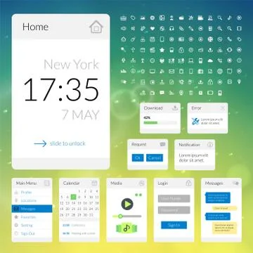 Mobile flat interface elements with colorful wallpaper and icon set, design f 库存插图