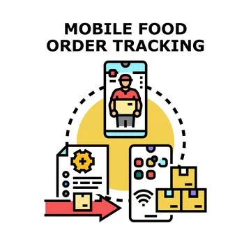 Mobile food order tracking system delivering online parcels Stock Illustration
