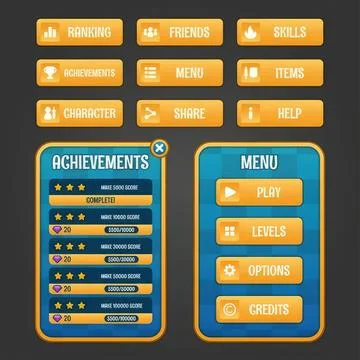 Mobile game achievement and menu screens with colorful icons イラスト素材