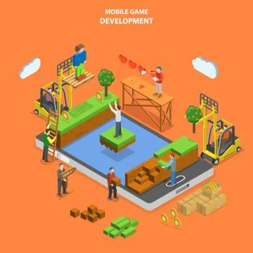Mobile game development flat isometric vector. Stockillustratie