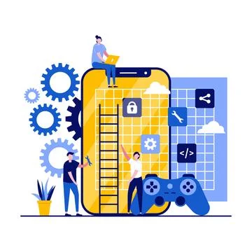Mobile game development, gaming industry concepts with character, joystick... Stock Illustration