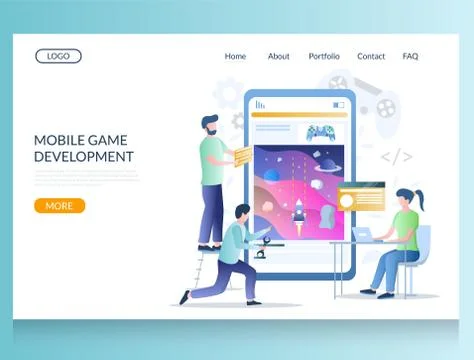 Mobile game development vector website landing page design template Illustrazione stock