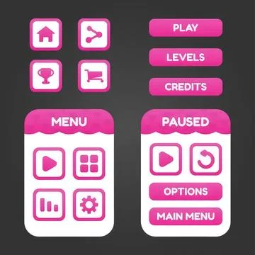 Mobile game interface with menu buttons and icons in pink and white Illustrazione stock