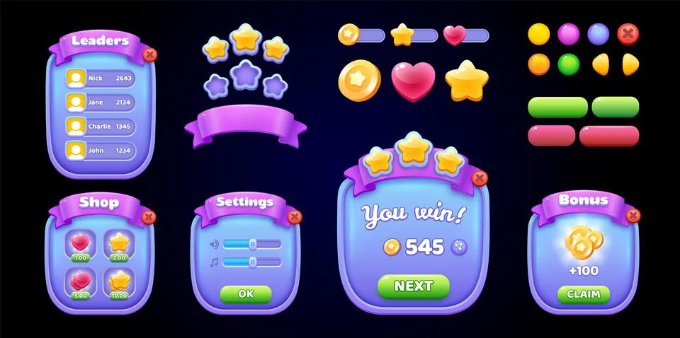Mobile Game UI Kit Vector Set with Leaderboard Shop Settings Win and Bonus Po Stock Illustration