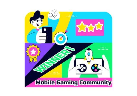Mobile Gaming Community Vector Illustration Showing Online Players Interact.. Ilustración de archivo