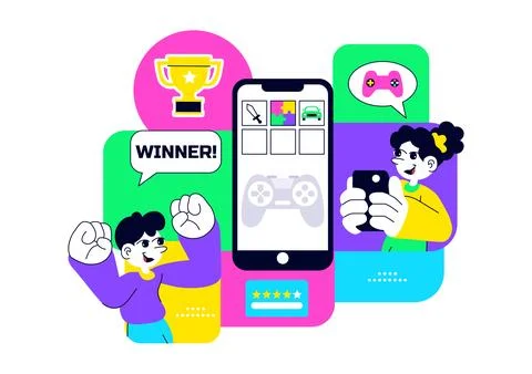 Mobile Gaming Community Vector Illustration Showing Online Players Interact.. Ilustración de archivo