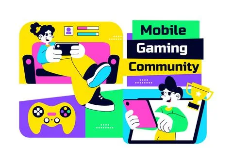 Mobile Gaming Community Vector Illustration Showing Online Players Interact.. Ilustración de archivo