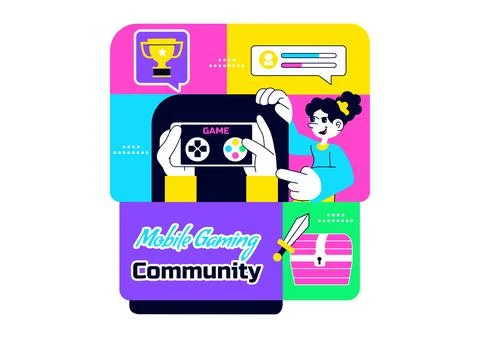 Mobile Gaming Community Vector Illustration Showing Online Players Interact.. Ilustración de archivo