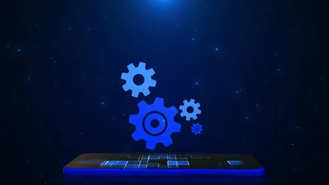 Mobile gear automation floating blue cog icons, dark starry tech space, and digi Stock Footage 340456194