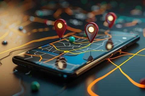 Mobile gps navigation concept with map pins Stock Photos