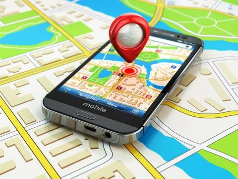 Mobile gps navigation concept. smartphone on map of the city, Illustrazione stock
