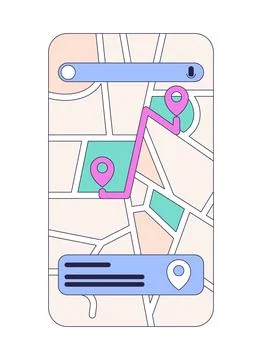 Mobile GPS navigation map with route and location pins 2D cartoon clip art 스톡 일러스트