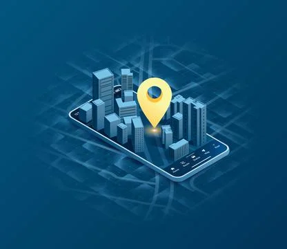 Mobile GPS navigation, smart car location and map pointer. Isometric city map Stock Illustration