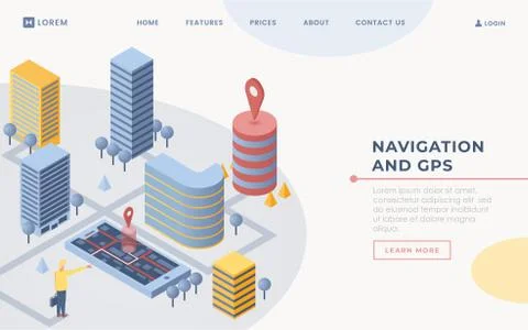 Mobile GPS software landing page template. City travel business website homepage Stock Illustration