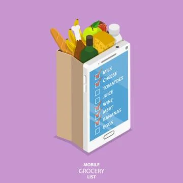 Mobile grocery list flat isometric vector concept. Stock Illustration