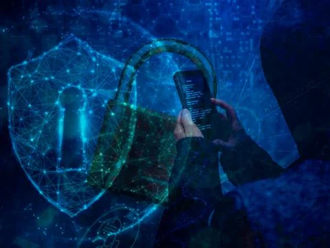 Mobile hacker and digital padlock symbolizing cybersecurity and data protecti Stock Photos