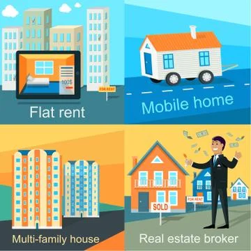 Mobile Home, Flat Rent, Multi-family House Stock Illustration
