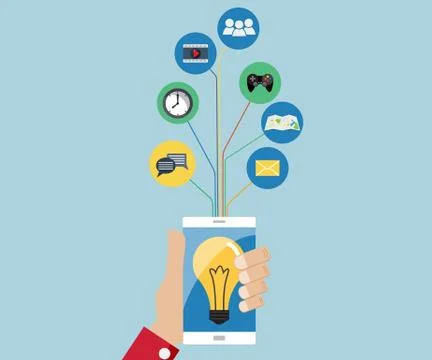 Mobile in human hand and tree application icon, mobile icon, bulb icon Stock Illustration