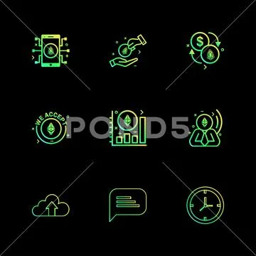 Mobile , ic, crypto currency , upload , cloud, message , clock , corporate , Stock Illustration