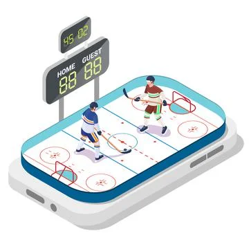 Mobile ice hockey, flat vector illustration. Isometric sport rink, players Stock Illustration