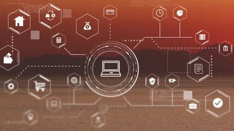 Mobile icon appearing, HUD ring expanding to laptop hub, hex nodes forming Video stock 333936667